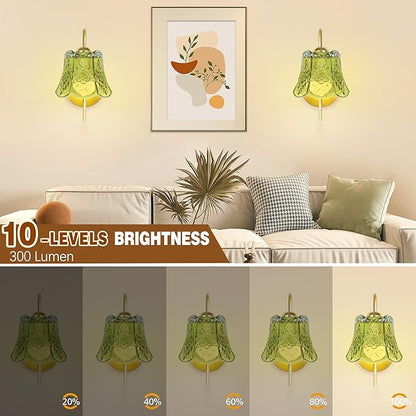 Wireless Wall Sconce with Flower lampshade, Battery Operated Wall Lights,Wall lamp with 15 Colors for Bedroom Living Room Home Decor (Green Flower,2 Light Battery Operated)