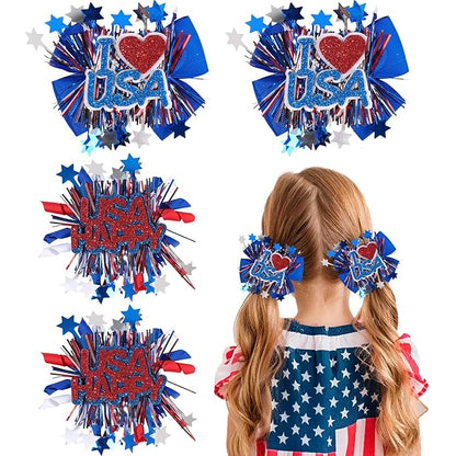 CN 4PCS 4th of July Hair Bows for Girls, Red White Blue USA Patriotic Hair Accessories, Amercian Flag Star Bows Clips for Girls Toddlers Teens for Independence Memorial Day Party Dress(Type A)