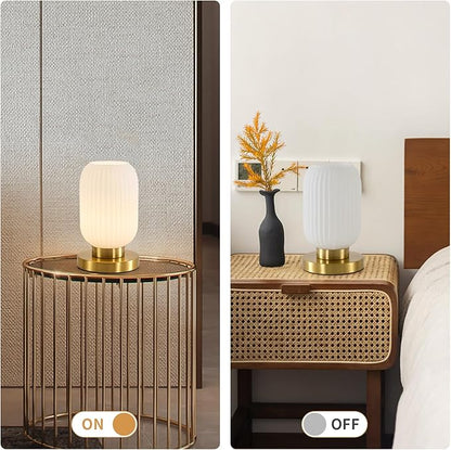 Dimmable White Glass Table Lamp: Mid Century Modern Nightstand Light with Milk White Shade - Small Decorative Brass Desk Lamp - Ribbed Glass Bedside Tables Lamps for Bedroom Living Room Bulb Excluded