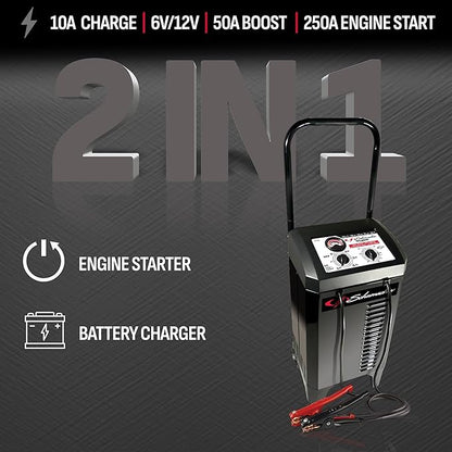Schumacher Electric Wheeled Manual 10A Car Battery Charger and 250A Engine Starter, 2-in-1 Solution, 50A Boost, for 6V/12V Power Sport, Automotive, and Marine Batteries, SC1445