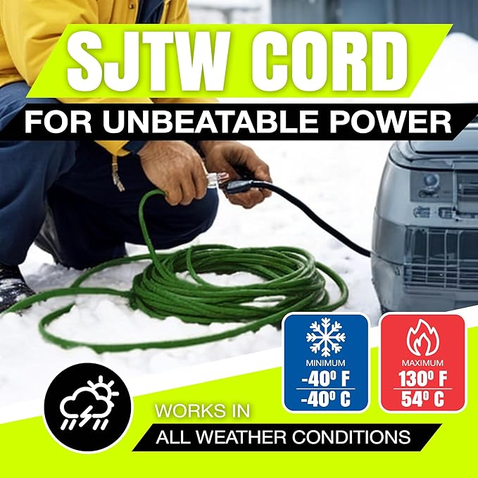 50ft Outdoor/Indoor Extension Cord 14/3 Gauge Heavy Duty 3 Prong SJTW, Waterproof, Flexible Cold-Resistant Long Power Cord,15A 125V 1875W, Green by LifeSupplyUSA