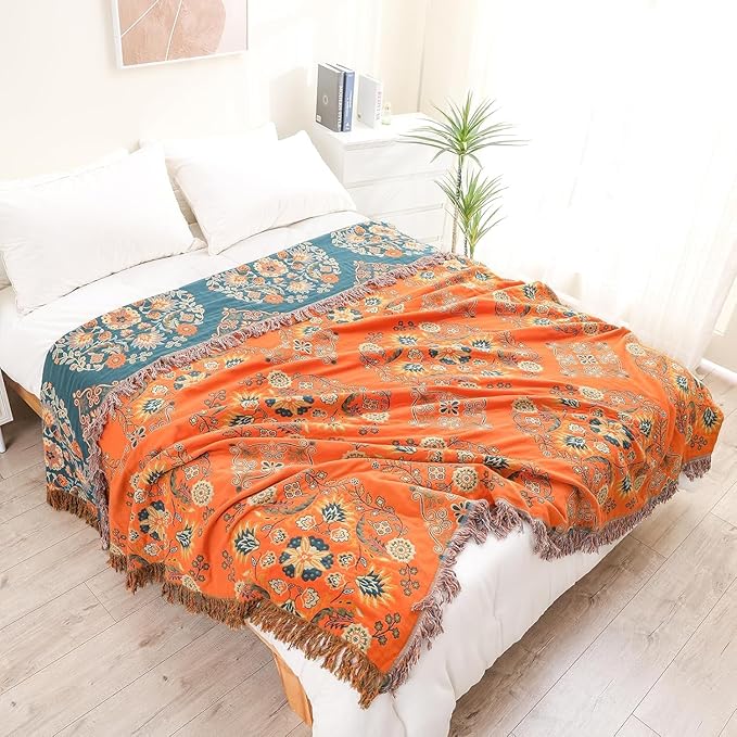 Boho Throw Blanket for Chair, 100% Cotton Woven Rustic Quilt with Tassel 50”x60”, Super Soft Muslin Blanket with Floral, Decorative Reversible Bed Blanket/Sofa Cover for All Seasons- Orange