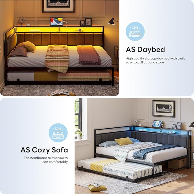 LIKIMIO Corner Full Bed Frame with Trundle, Upholstered Storage Headboard & LED Lights, Full Size Daybed with Charging Station, Sturdy Platform Metal Frame for Living Room, Bedroom, Guest Room, Gray