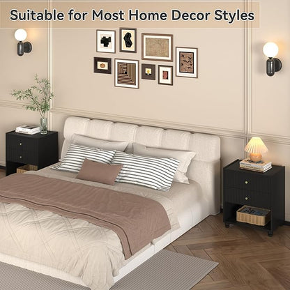 Modern Nightstand, Fluted End Table with 2 Drawers, Nightstand with Open Shelf for Bedroom (2, Black)