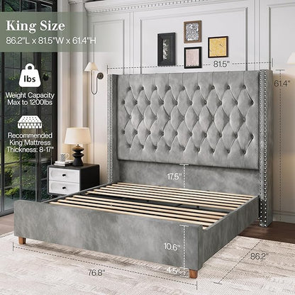 Jocisland King Size Bed Frame with 61.4" Tall Headboard, Velvet Upholstered Wingback Platform Design, Handcrafted Pleats& Deep Button Tufted, Solid Wood Legs, No Box Spring Needed, Gray