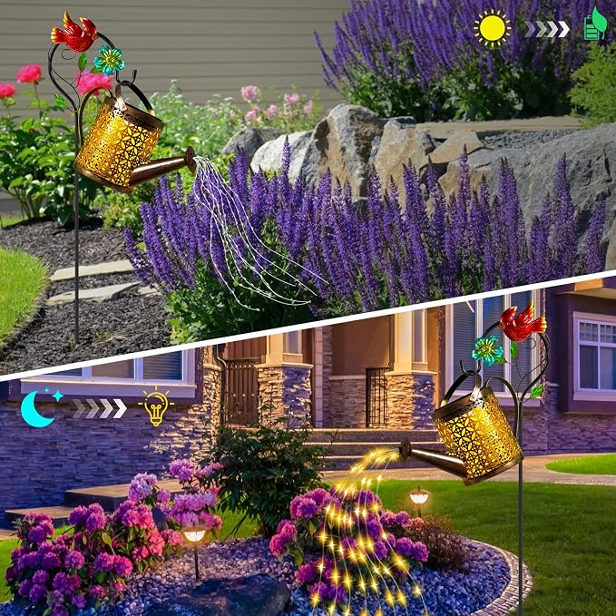 Solar Lanterns Cardinal Granden Decor, Watering Can with Cardinal Shepherd Hook and Cascading Lights, Outdoor Solar Lantern for Garden Yard Decor, Gifts for Women Mom Grandma Birthday, Mothers Day