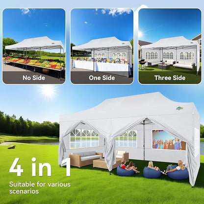 COBIZI 10x20 Pop up Canopy Heavy Duty with 6 Sidewalls, Easy Set-up Commercial Outdoor Party, 100% Waterproof Wedding Canopy Gazebo, 3 Height Adjustable with Wheeled Bag,White