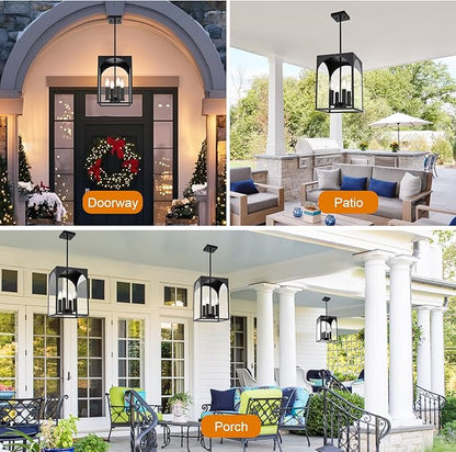 VINLUZ Large Outdoor Indoor Pendant Light 4-Light, Classic Black Finish Metal Chandelier Outside Hanging Fixture Ceiling Mount with Clear Glass Shade for Front Porch Entrance Foyer