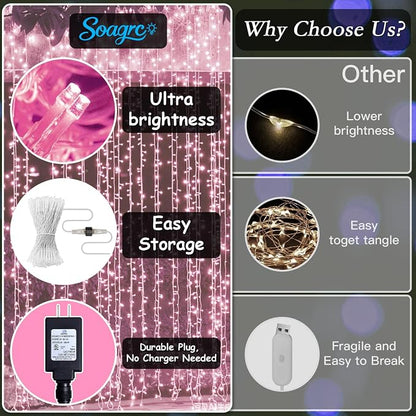 200 LED Pink Curtain String Lights 9.8x6.6FT, Plug in Fairy Lights, 9 Hooks, Dimmable Timer 8 Modes, IP44 Waterproof, Princess Girls Bedroom Wall Wedding Party Birthday Indoor Decor
