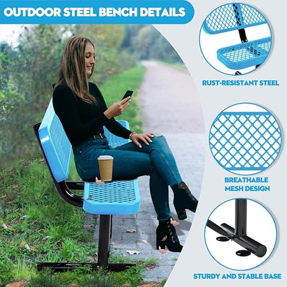 6Ft Outdoor Bench with Back Portable Frame, Outdoor Steel Park Bench with Backrest, Expanded Metal Mesh Bench for Outside, Lawn, Backyard, Park, Garden, Patio, Porch, Blue