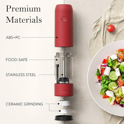 Ultrean Electric Pepper Grinder, Rechargeable Salt and Pepper Shakers with 6 Adjustable Coarseness, Automatic Grinder for Kitchen, LED Light, Red Christmas Gifts, Crimson Red