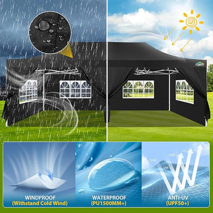 COBIZI 13x26 Heavy Duty Pop Up Canopy with 6 Sidewalls Party Tent Outdoor Wedding Large Event Tent with Roller Bag for Garden Lawn Waterproof UPF 50+ Ez Up, Black (Framework Upgraded)