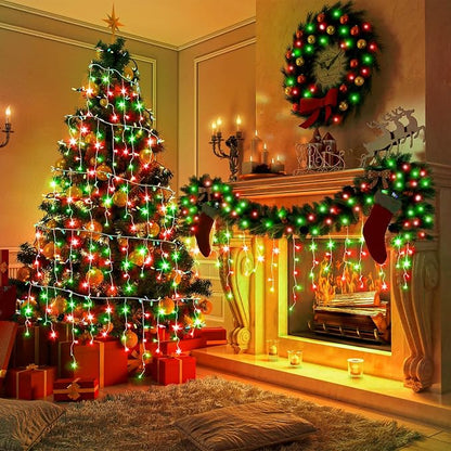 33ft Icicle Lights for Outside, Red and Green Christmas Lights Outdoor Indoor, 400 LED Twinkle String Lights with 75 Drops, Clear Wire Short Curtain Lights for Thanksgiving Room Home Wall Bedroom