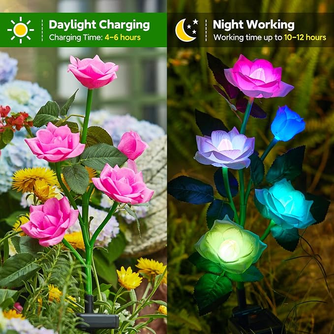 RECHOO Solar Garden Lights Outdoor, 10 Pack Solar Flower Lights with 50 Rose Flowers, Multi-Color Changing LED Waterproof Garden Decor for Landscape Pathway, Gifts for Women