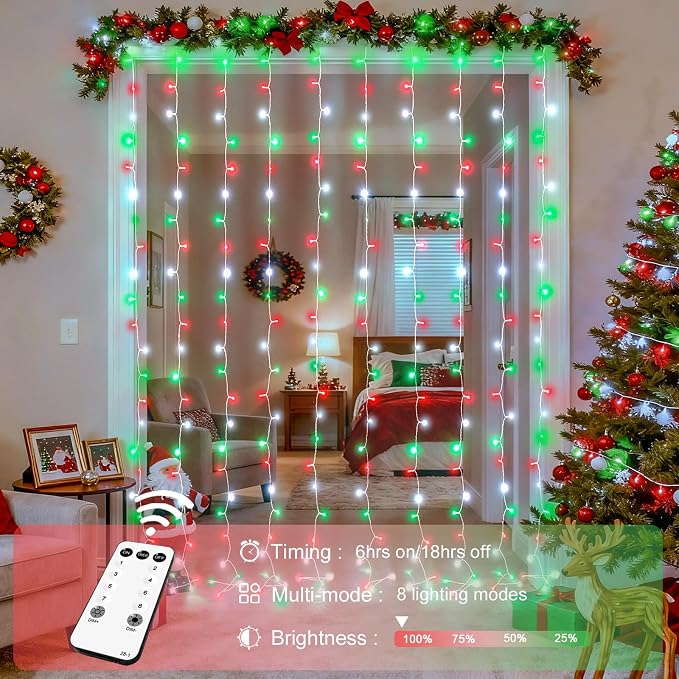 JMEXSUSS 300LED Red White and Green Christmas Curtain Lights with Remote, Indoor Christmas String Lights Plug in, Hanging Twinkle Lights for Bedroom Window Wall Yard Outdoor Xmas Decor, 9.8x9.8ft