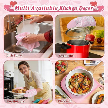 8 Pcs Pink Kitchen Decor Set 4 Pink Kitchen Dish Towels 2 Oven Mitt 2 Pot Holders for Kitchens Cooking Baking Spring Valentine's Day Decoration Farmhouse Housewarming Accessories Mom Gifts