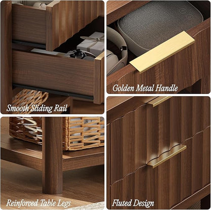 Huuger 27.6 Inch Tall Night Stand with Charger Station, USB-C Port, Fluted Nightstand with 2 Deep Drawers, Larger Wider Bed Side Table with Open Shelf, Bedroom Living Room End Table, Walnut