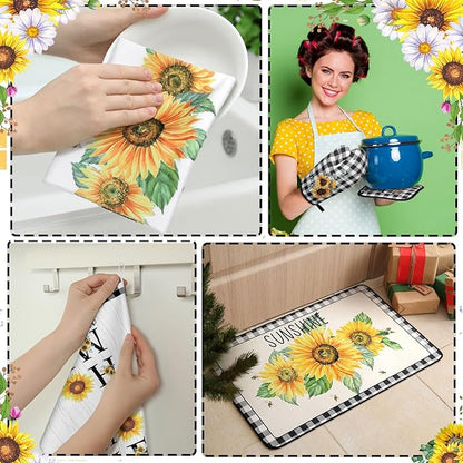 10 Pcs Sunflower Kitchen Decor 4 Black and White Buffalo Plaid Dish Towels 2 Buffalo Check Pot Holders 2 Rustic Sunflower Oven Mitts 2 Yellow Rugs for Cooking Baking Mom Housewarming Gift
