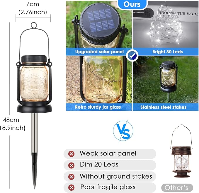 Mlambert Cool White 4 Pack Solar Hanging Mason Jar Lights with Stakes, Waterproof Decorative 30 LEDs Outdoor Solar Lantern Lamp Patio Garden Tree Yard