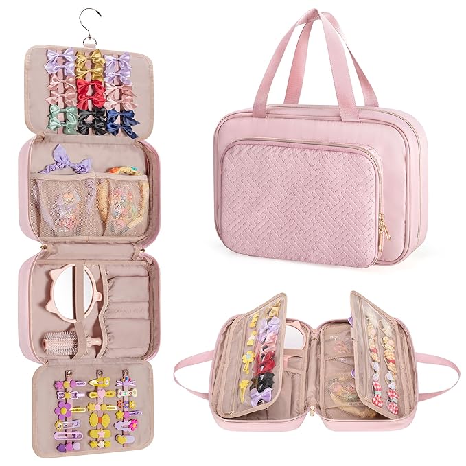 Fasrom Hair Accessories Organizer for Girls, Hanging Hair Bow Storage Bag for Kids Hair Clips, Headband, Hair Ties and Scrunchies Holder, Pink (Empty Bag)