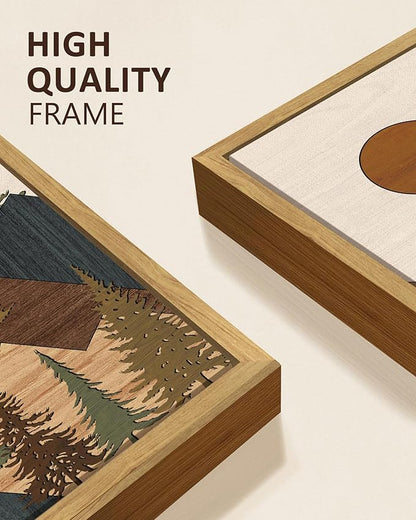 KUVIOKE Large 12x24in Wooden Mountains Range Landscape Wall Art Framed Tree Nature Wall Decor Farmhouse Rustic Prints Kitchen Living Room Ready to Hang Natural Framed