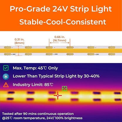 COB LED Strip Lights Warm White 3000K, 24V DC Premium Tape Light with Strong 3M VHB Tape, CRI 95, UL Listed, Cuttable, Dimmable, 3W/FT for Bedroom, Kitchen, Cabinet (NO Power Supply)