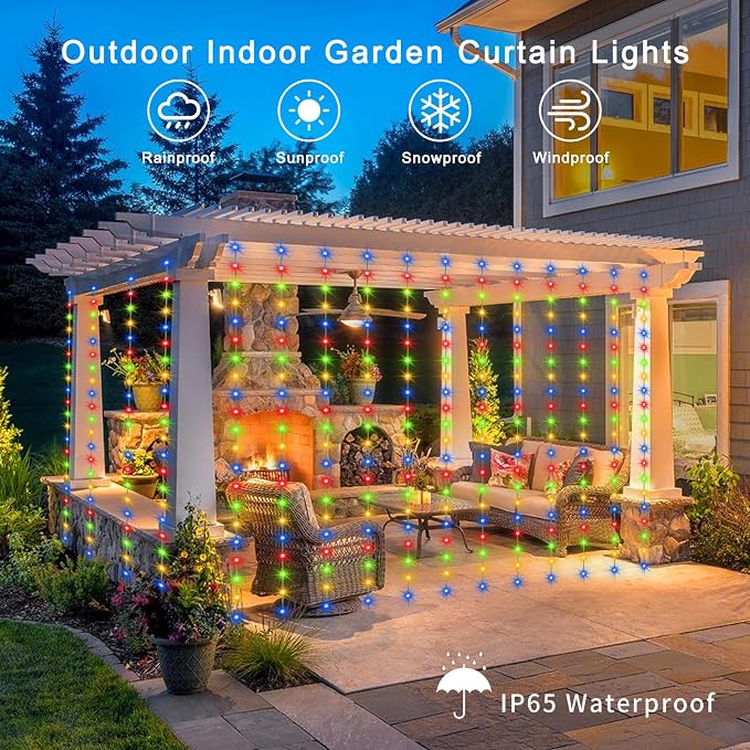 echosari Solar Curtain Lights 7.9ft x 6ft 144 LED Outdoor Curtain Lights Waterproof with Timer 8 Modes for Christmas Garden Patio Fence Wedding Wall Window Gazebo Decor - Multicolor