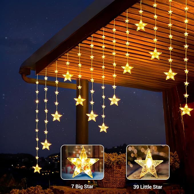 Marchpower 46 Stars Curtain Lights, Battery Operated Christmas Star Window Lights - Warm White with Timer & Memory Function & 8 Modes, IP65 Waterproof for Indoor Window Decoration