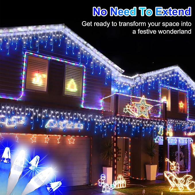 810LED 82FT Christmas Lights, 180Drops 12 Modes Christmas String Lights Outdoor Brightness, Waterproof Christmas Decoration Fairy Lights with Timer Memory for Party Patio Window Fence Blue & CoolWhite