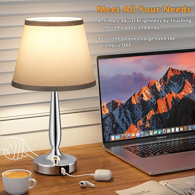 Kakanuo Touch Table Lamp for Bedroom, Small Bedside Lamp with USB C Charging Port, 3 Way Dimmable Touch Control Nightstand Lamp for Living Room and Office, Gray Shade and Silver Base