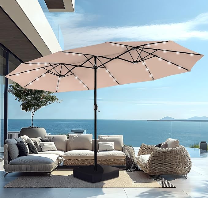 PHI VILLA 15ft Large Patio Umbrella with Base & Solar Lights, Double-Sided Outdoor Rectangle Umbrellas with 36 LED Lights, Umbrella for Outside with Stand, Beige