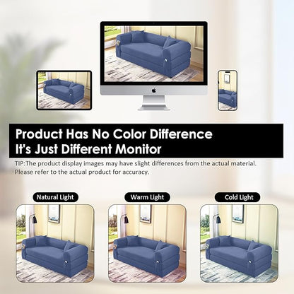 80" Convertible Sofa Bed, 3-in-1 Corduroy Folding Pull Out Couch with Pillows, No Assembly Modern Boneless Couch Compression Sofa in Box, Floor Sofa with Side Storage for Living Room,Dark Smog Blue