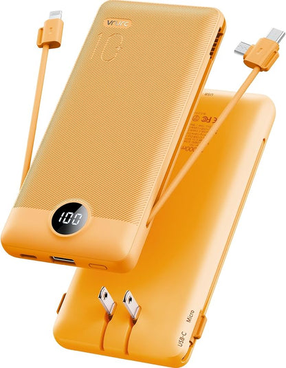 VRURC Portable Charger Built-in Cables and AC Wall Plug, USB C Power Bank 10000mAh, Travel Battery Phone Charger Compact Lightweight External Battery Pack for Smart Phones, Tablets etc-Orange