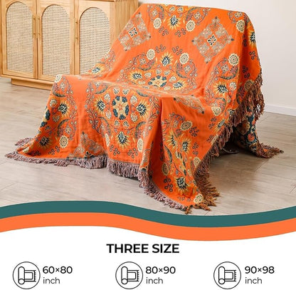 Throw Blankets Queen Size for Bed Couch,100% Cotton Soft Lightweight Blanket Rustic Quilt -Orange Floral Printed Farmhouse Decor Bed All Season Blankets,80"×90"