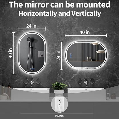 Oval LED Bathroom Mirror, 24"x 40" Frameless LED Mirror with Front Light and Backlit, Anti-Fog, Dimmable Modern Wall Mounted Lighted Mirror，Pill-Shaped Smart Mirror Bathroom
