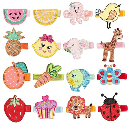 inSowni 16 Pack Embroidery Cute Fruit Animal Fully Lined Alligator Hair Clips Accessories Barrettes for Baby Girl Toddlers Infants Kids Teens One Size