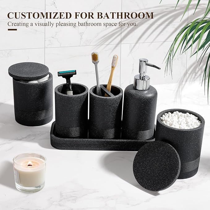 Bathroom Accessories Set, 6-Piece Bathroom Accessory Set, Toothbrush Holders Set, Soap Dispenser, Vanity Tray, Tumbler, Cotton Swab Jars, Bathroom Organizer for Modern Bathrooms(Black)