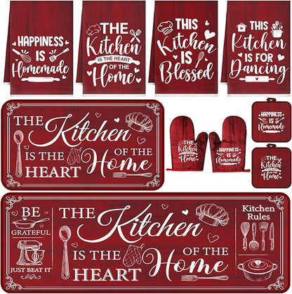Fourluoo 10 Pcs Farmhouse Kitchen Decor and Accessories Set 4 Kitchen Towels 2 Pot Holders 2 Oven Mitts 2 Rugs for Cooking Baking Mom Housewarming Gifts(Red,Classic Style)