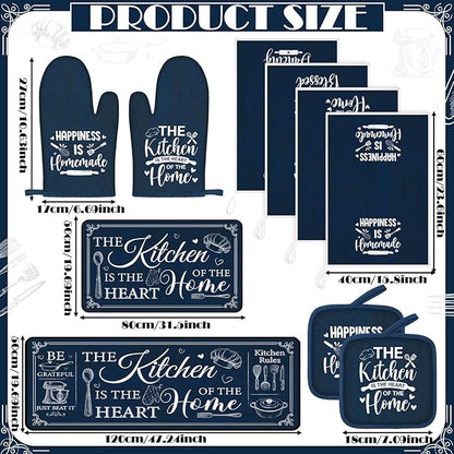 Fourluoo 10 Pcs Farmhouse Kitchen Decor and Accessories Set 4 Kitchen Towels 2 Pot Holders 2 Oven Mitts 2 Rugs for Cooking Baking Mom Housewarming Gifts(Dark Blue,Classic Style)