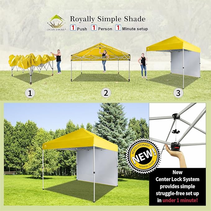 CROWN SHADES 8x8 Pop Up Canopy with 1 Side Wall - Beach Tent with One Push Setup - Outdoor Sun Shade for Events, Parties, Camping - Gazebo with STO-N-Go Cover Bag (Yellow)