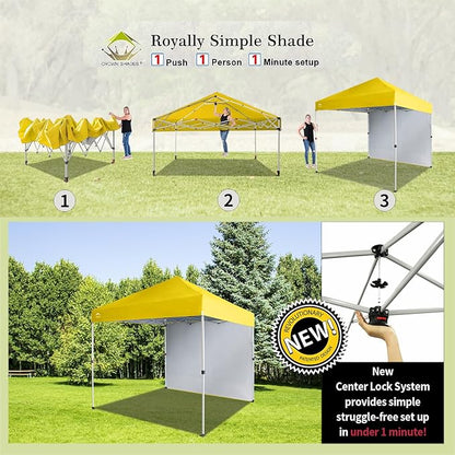 CROWN SHADES 8x8 Pop Up Canopy with 1 Side Wall - Beach Tent with One Push Setup - Outdoor Sun Shade for Events, Parties, Camping - Gazebo with STO-N-Go Cover Bag (Yellow)