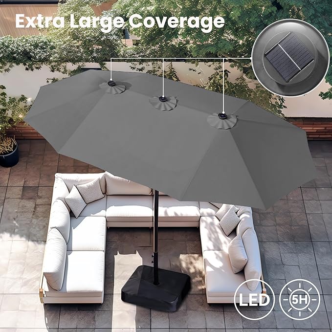 PHI VILLA 15ft Large Patio Umbrella with Solar Lights, Double-Sided Outdoor Market Rectangle Umbrellas with 36 LED Lights, Umbrella Base (Stand) Included, Light Grey