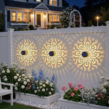 Solar Fence Lights 2 Pack Outdoor Deck Step Wall Lights Metal Waterproof LED Warm Yellow Light for Garden Post Patio Backyard Yard Decor (Mandala-4, 2)
