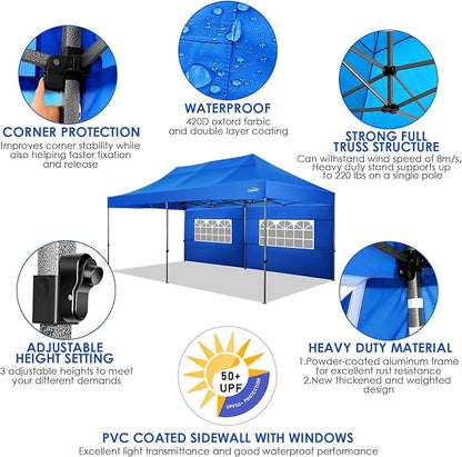 COBIZI 10x20 Canopy with Sidewalls, Heavy Duty Party Tent Pop up carpas para Fiestas, Tents for Parties, Wedding, Outdoor Ez up Foldable Portable Canopy Tent with Wheeled Bag, Blue(Windproof Upgrade)