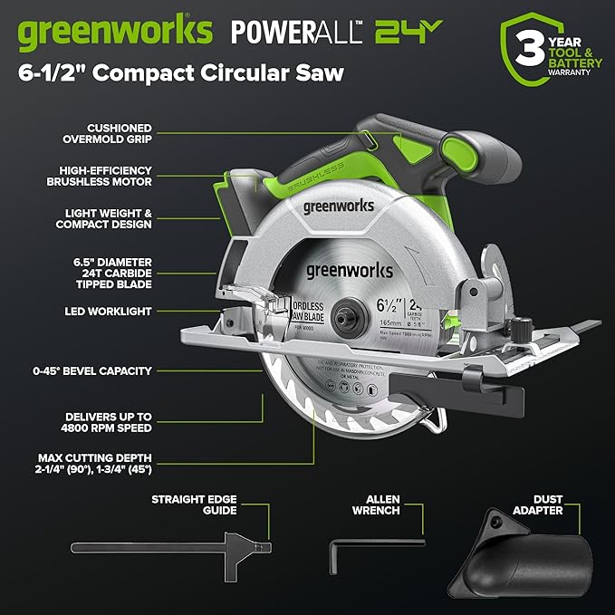 GREENWORKS 24V (4-TOOL) Combo (1/2” Drill + 1/4” Impact Driver + 6.5” Circular Saw + 200Lm Flashlight), 4.0Ah + 2.0Ah Batteries (24,000mAh Power Bank), (2) Braided Cables, 65W Rapid Charger