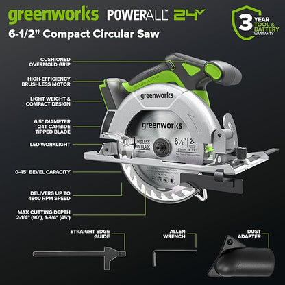 GREENWORKS 24V (4-TOOL) Combo (1/2” Drill + 1/4” Impact Driver + 6.5” Circular Saw + 200Lm Flashlight), 4.0Ah + 2.0Ah Batteries (24,000mAh Power Bank), (2) Braided Cables, 65W Rapid Charger