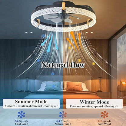 DIAMONDFORGE Ceiling Fans with Lights and Remote Fandelier - Low Profile Modern - 20'' Flush Mount Ceiling Fans for Bedroom,Stepless Color Temperature and 6 Speeds- Black and Crystal