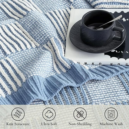 Amélie Home Checkered Knit Throw Blanket for Couch, Chenille Texture Decorative Soft Blanket for Sofa & Chair, 50"x60", Blue & White