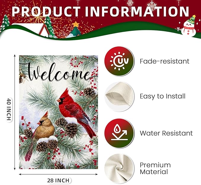Welcome Winter House Flags for Outdoor Decoration, Christams Cardinal Pine Twigs Berry Large Yard Flag, Decorative Xmas Seasonal Farmhouse Holiday Outside Decor 28x40 Inch Vertical Double Sided