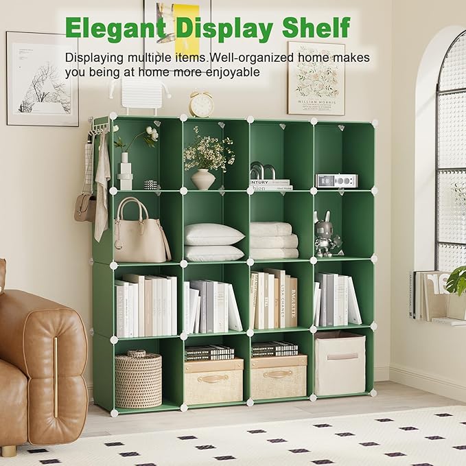 C&AHOME Cube Storage Organizer, 16-Cube Shelves Units, Plastic Storage Cubes, DIY Closet Organizer, Modular Closet Storage Shelves Ideal for Home, Bedroom, 48.4" L × 12.4" W × 48.4" H Green UPCS16GN